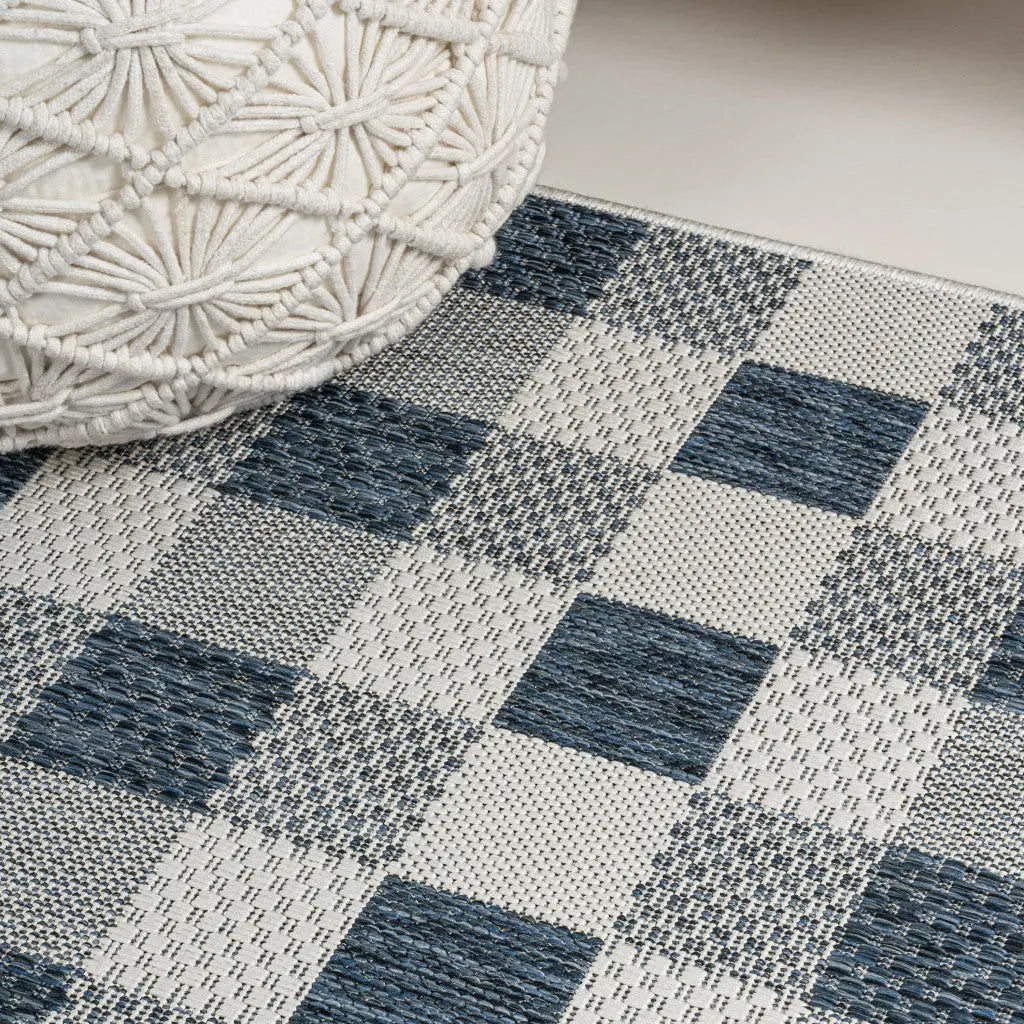 8' Navy Blue And Cream Geometric Indoor Outdoor Runner Rug Homeroots Outdoor