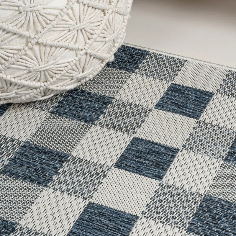 8' Navy Blue And Cream Geometric Indoor Outdoor Runner Rug Homeroots Outdoor
