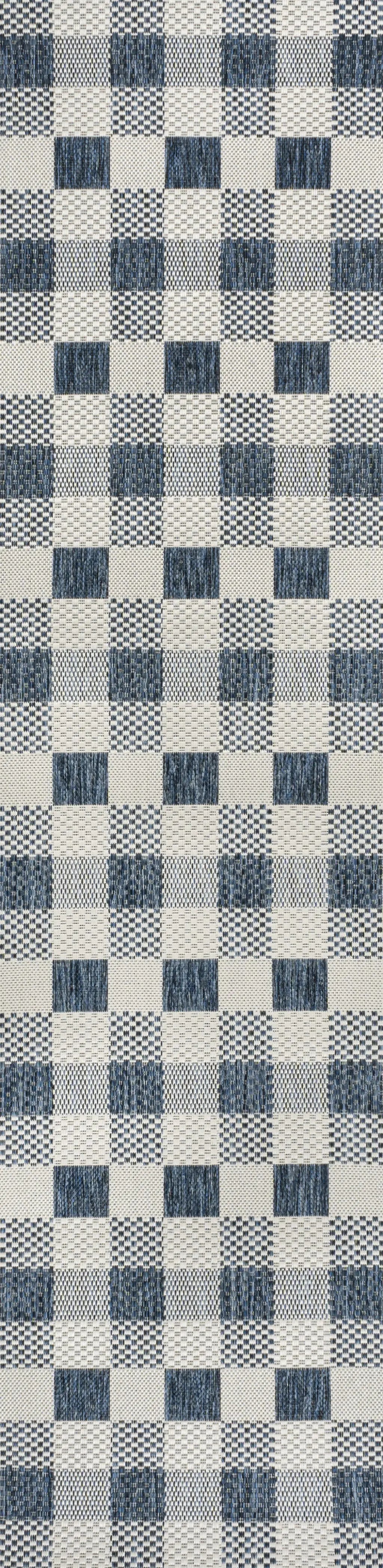 8' Navy Blue And Cream Geometric Indoor Outdoor Runner Rug Homeroots Outdoor