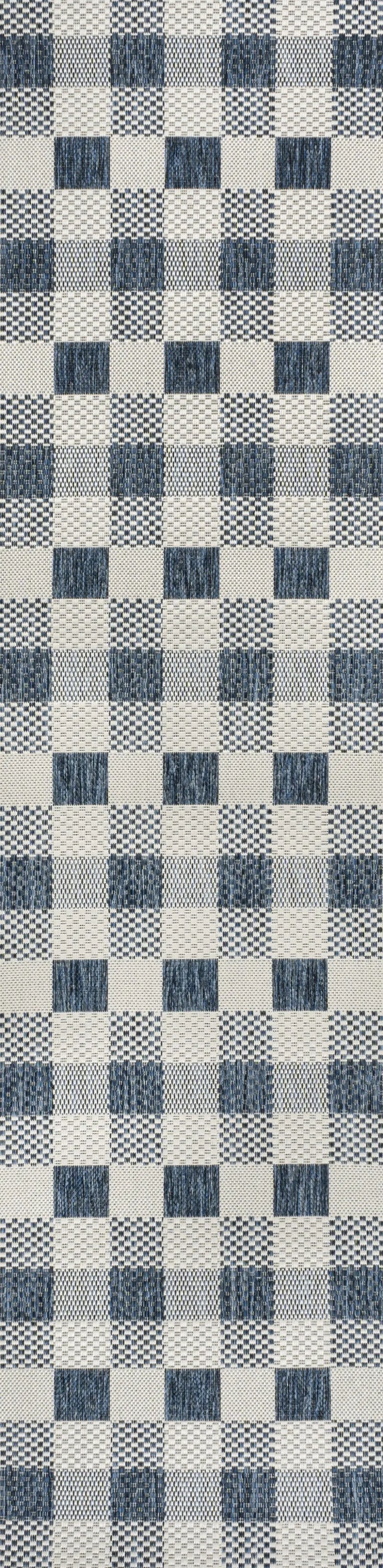8' Navy Blue And Cream Geometric Indoor Outdoor Runner Rug Homeroots Outdoor