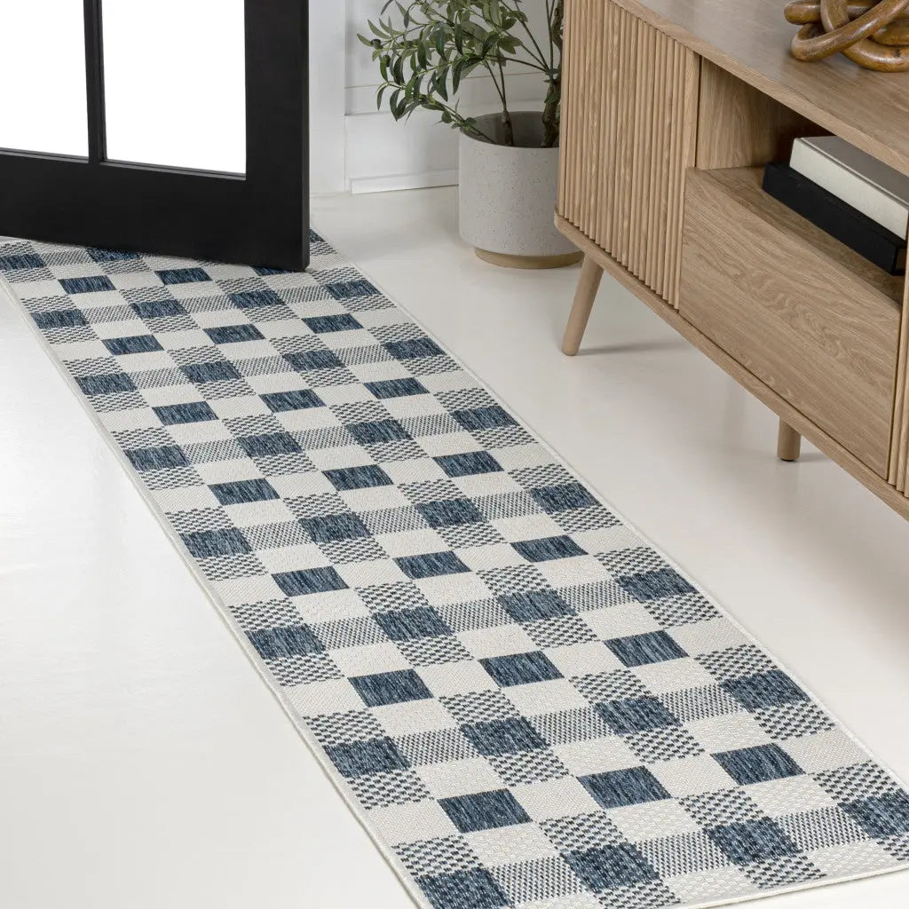 8' Navy Blue And Cream Geometric Indoor Outdoor Runner Rug Homeroots Outdoor