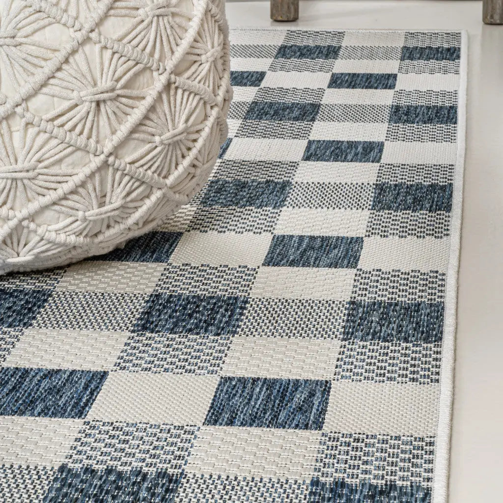 8' Navy Blue And Cream Geometric Indoor Outdoor Runner Rug Homeroots Outdoor