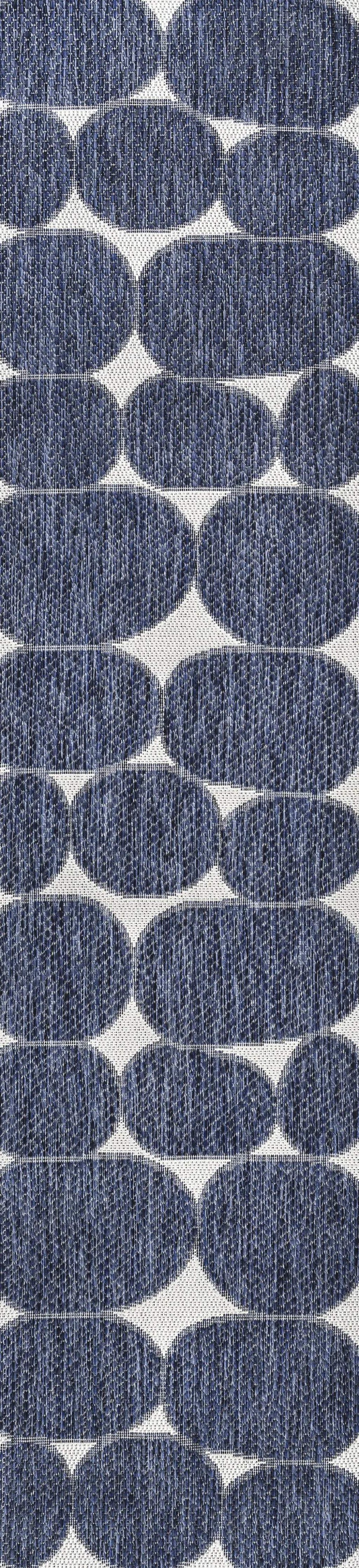 8' Navy Blue And Cream Geometric Indoor Outdoor Runner Rug Homeroots Outdoor