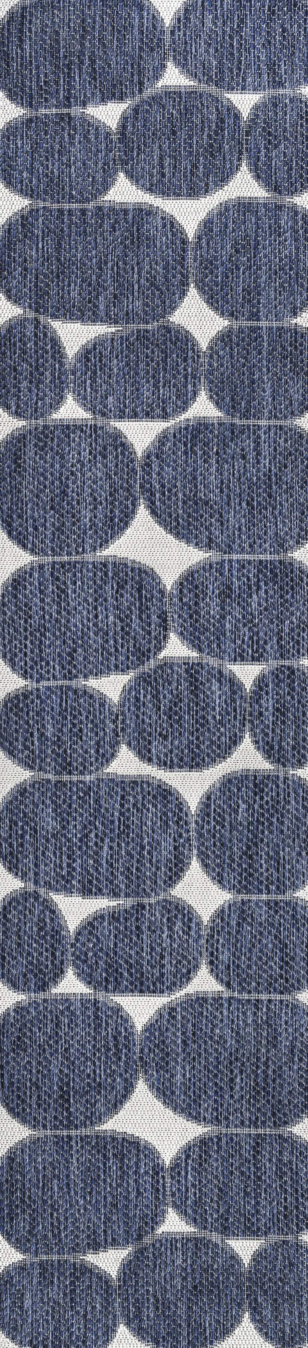 8' Navy Blue And Cream Geometric Indoor Outdoor Runner Rug Homeroots Outdoor