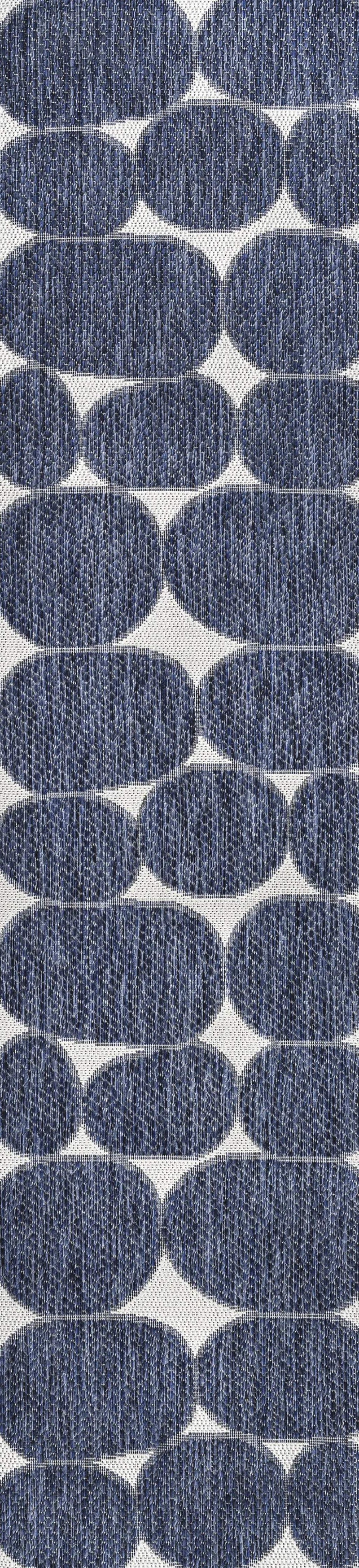 8' Navy Blue And Cream Geometric Indoor Outdoor Runner Rug Homeroots Outdoor