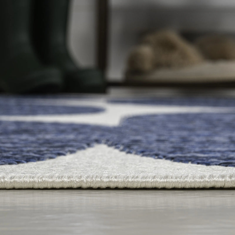 8' Navy Blue And Cream Geometric Indoor Outdoor Runner Rug Homeroots Outdoor