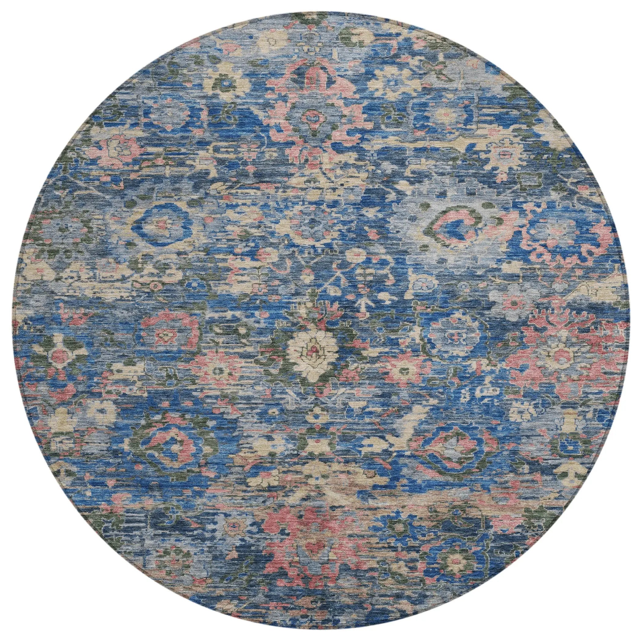 8' Navy Blue And Denim Blue Round Floral Washable Indoor Outdoor Area Rug Homeroots Outdoor