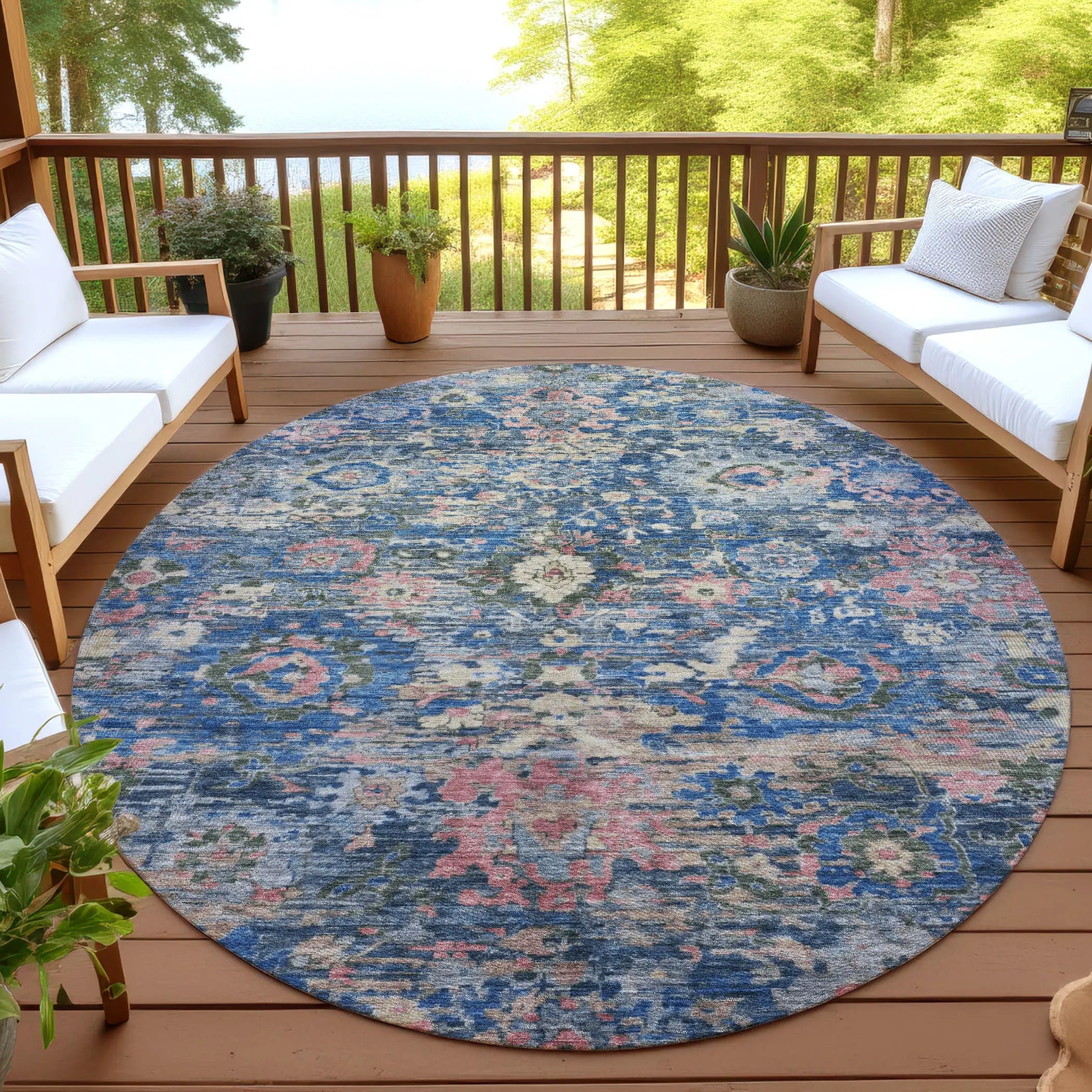 8' Navy Blue And Denim Blue Round Floral Washable Indoor Outdoor Area Rug Homeroots Outdoor