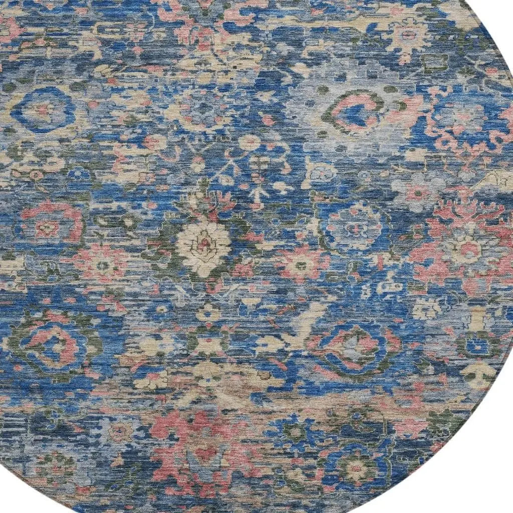 8' Navy Blue And Denim Blue Round Floral Washable Indoor Outdoor Area Rug Homeroots Outdoor