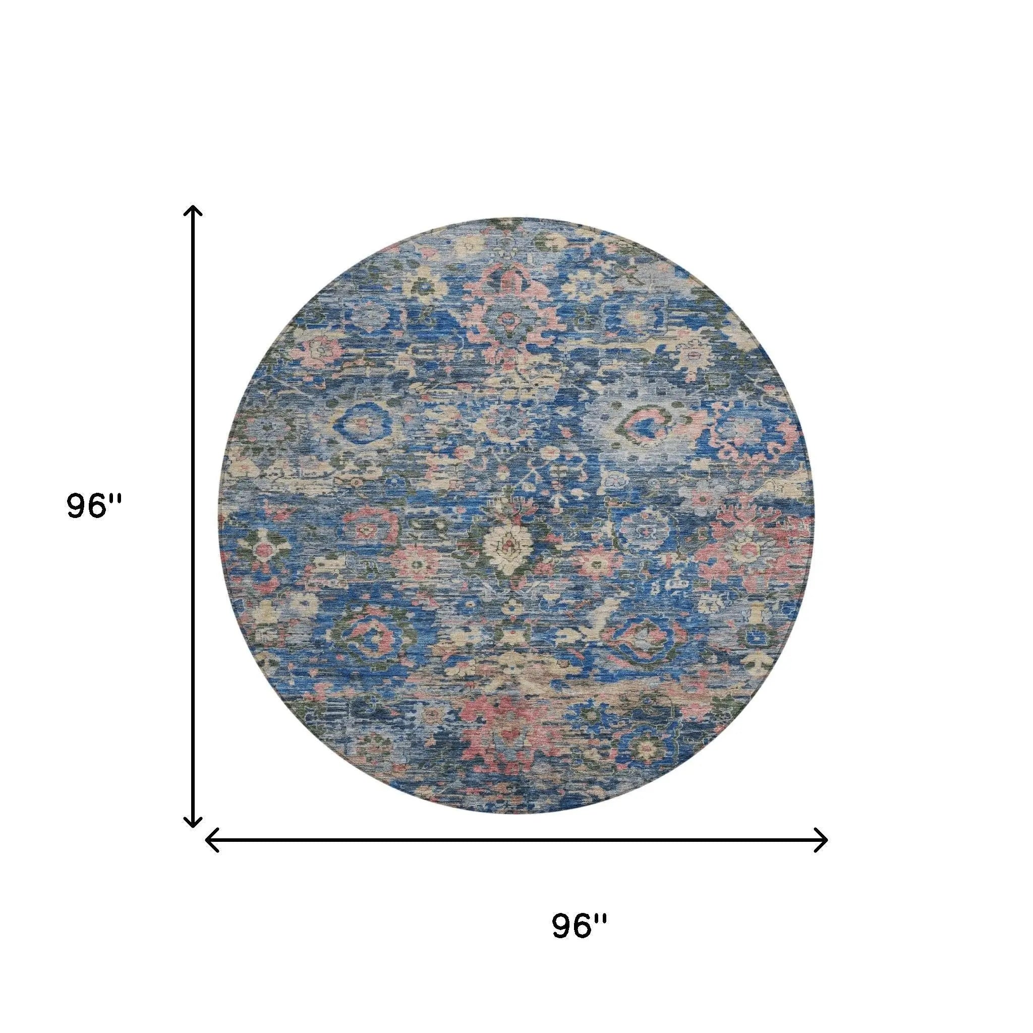 8' Navy Blue And Denim Blue Round Floral Washable Indoor Outdoor Area Rug Homeroots Outdoor