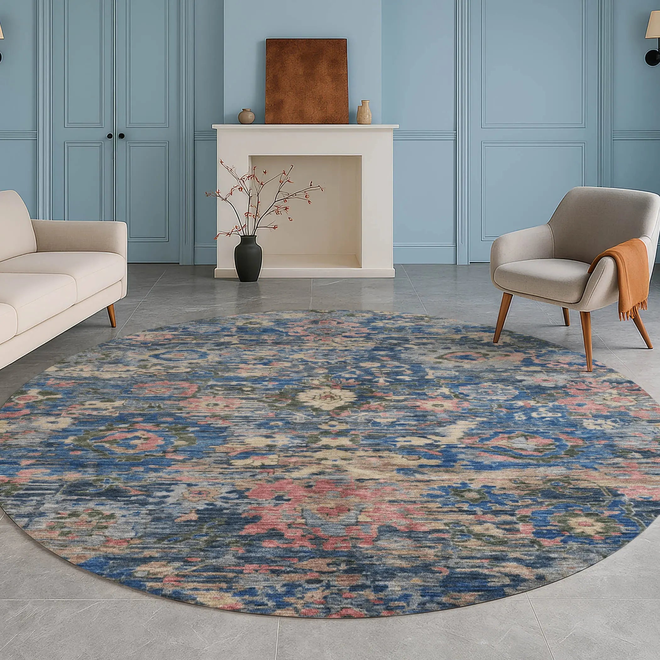 8' Navy Blue And Denim Blue Round Floral Washable Indoor Outdoor Area Rug Homeroots Outdoor