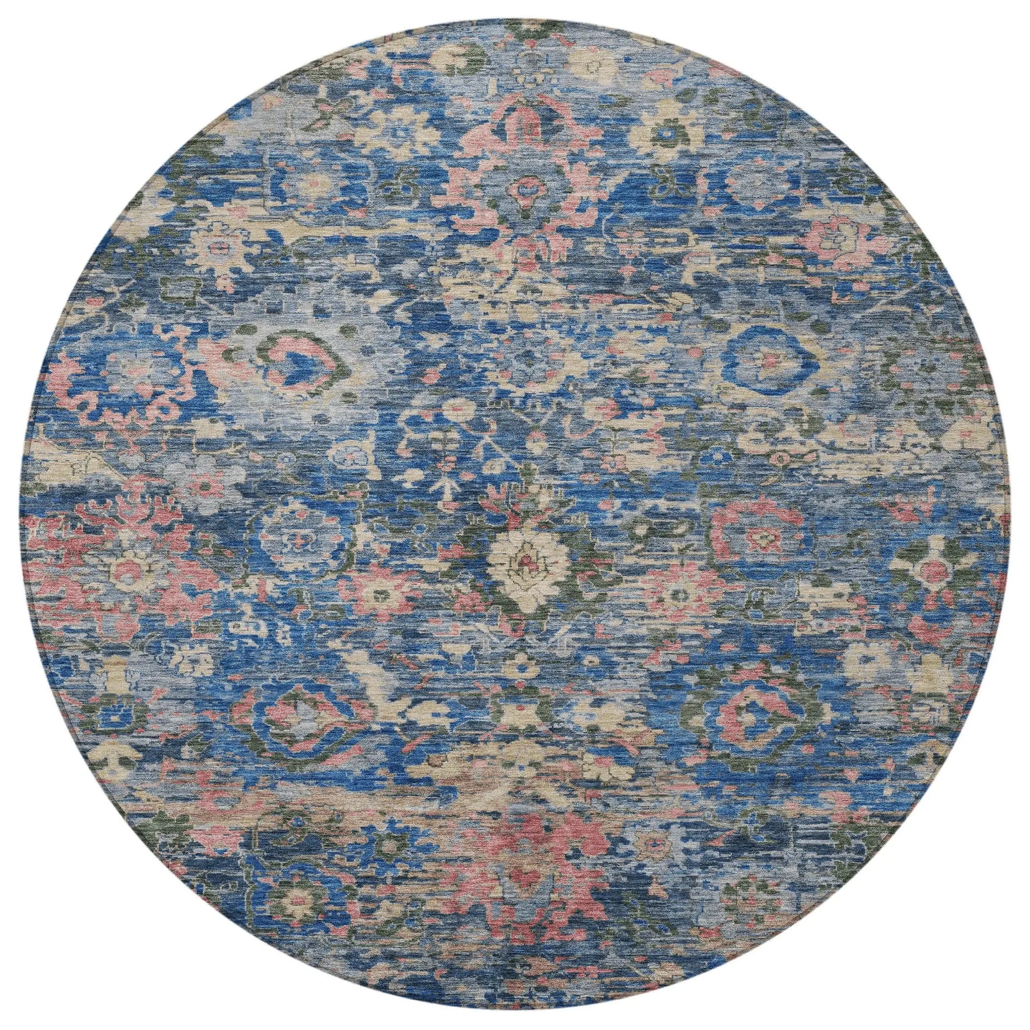 8' Navy Blue And Denim Blue Round Floral Washable Indoor Outdoor Area Rug Homeroots Outdoor