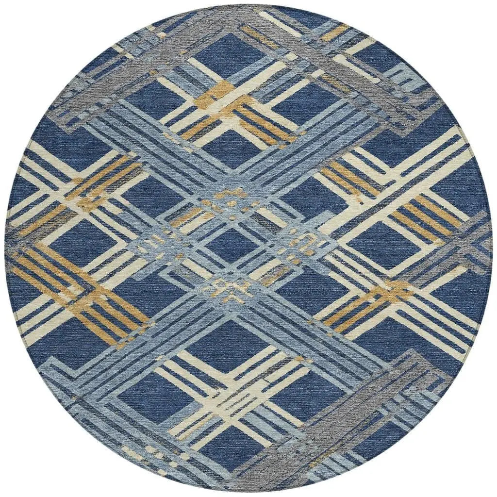 8' Navy Blue And Denim Blue Round Geometric Washable Indoor Outdoor Area Rug Homeroots Outdoor