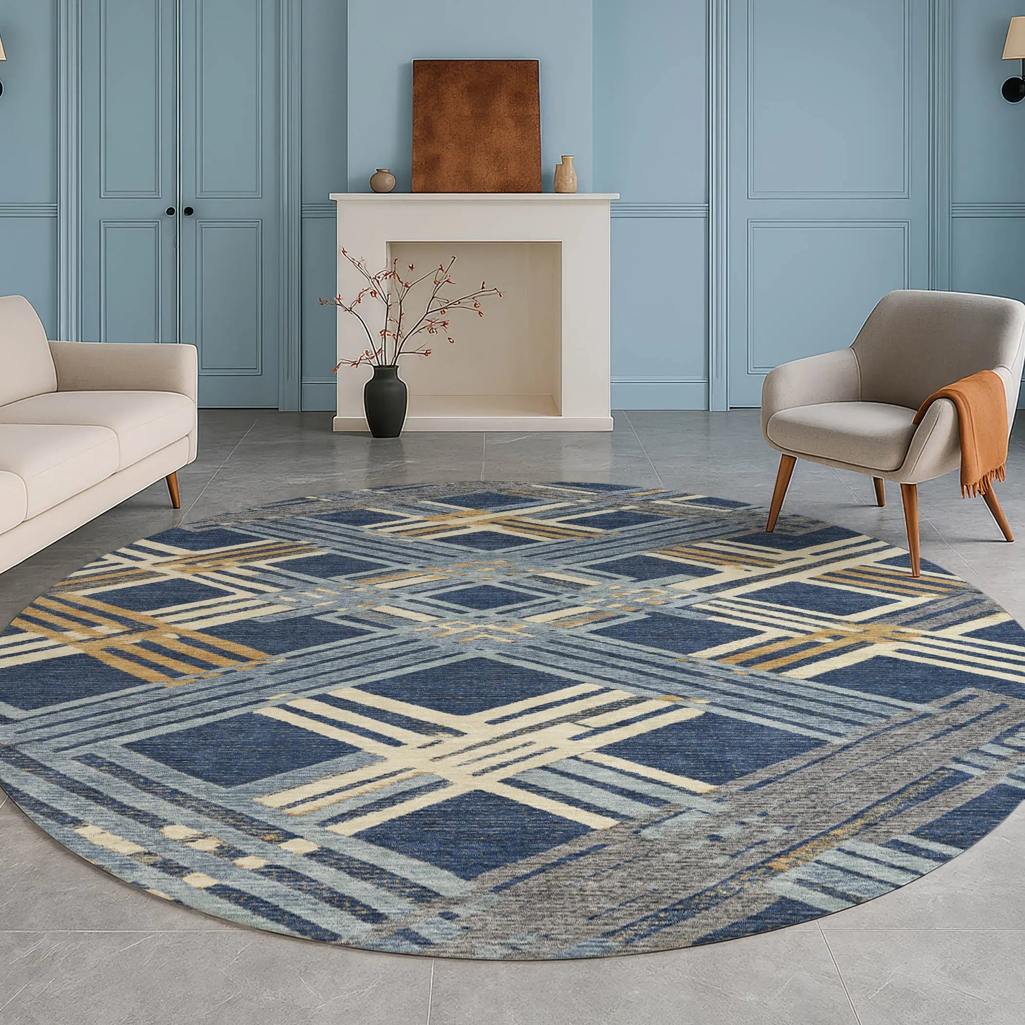 8' Navy Blue And Denim Blue Round Geometric Washable Indoor Outdoor Area Rug Homeroots Outdoor