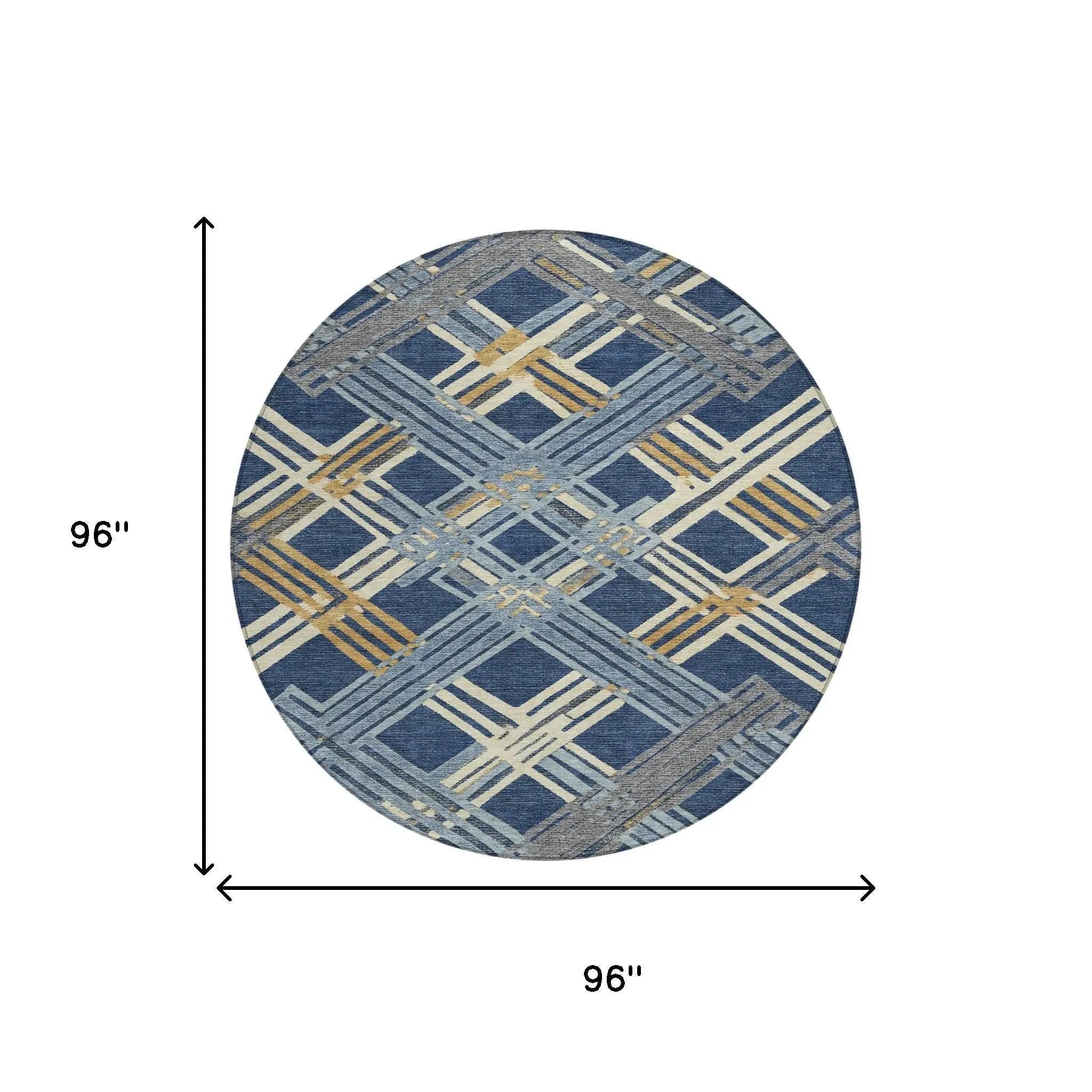 8' Navy Blue And Denim Blue Round Geometric Washable Indoor Outdoor Area Rug Homeroots Outdoor