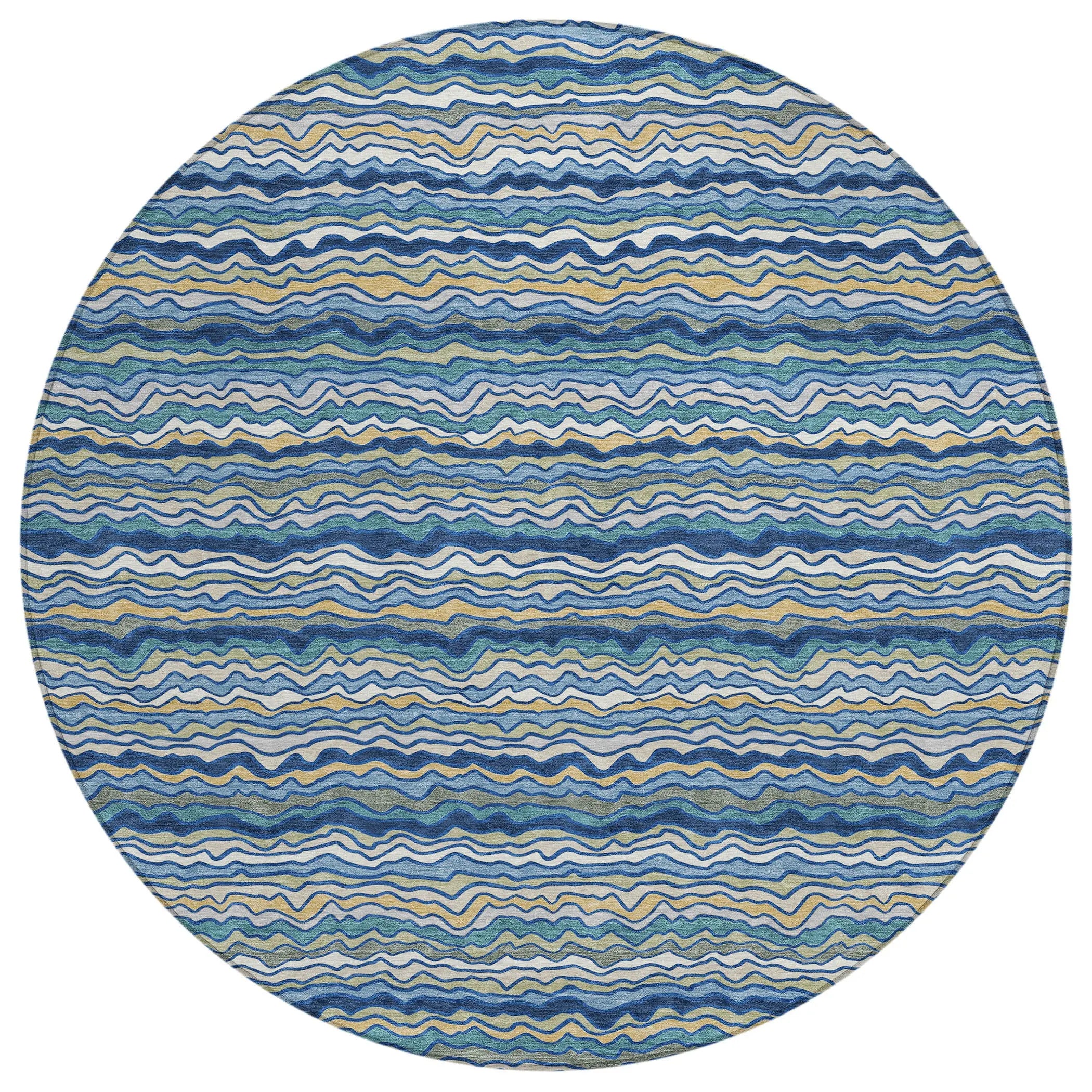 8' Navy Blue And Denim Blue Round Striped Washable Indoor Outdoor Area Rug Homeroots Outdoor