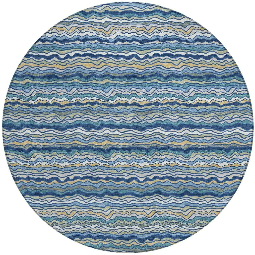 8' Navy Blue And Denim Blue Round Striped Washable Indoor Outdoor Area Rug Homeroots Outdoor