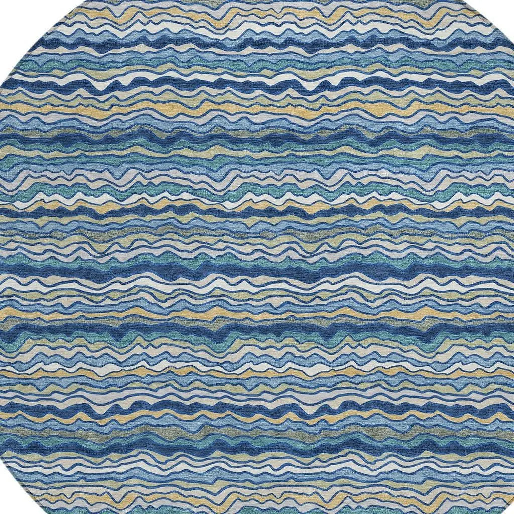 8' Navy Blue And Denim Blue Round Striped Washable Indoor Outdoor Area Rug Homeroots Outdoor
