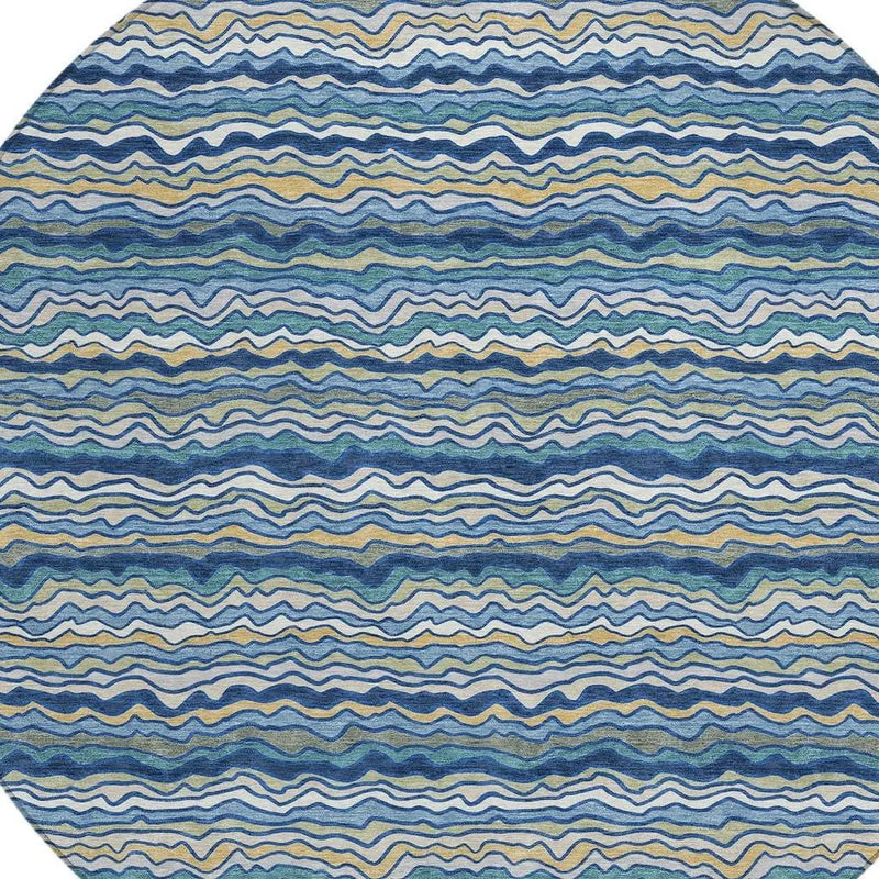 8' Navy Blue And Denim Blue Round Striped Washable Indoor Outdoor Area Rug Homeroots Outdoor