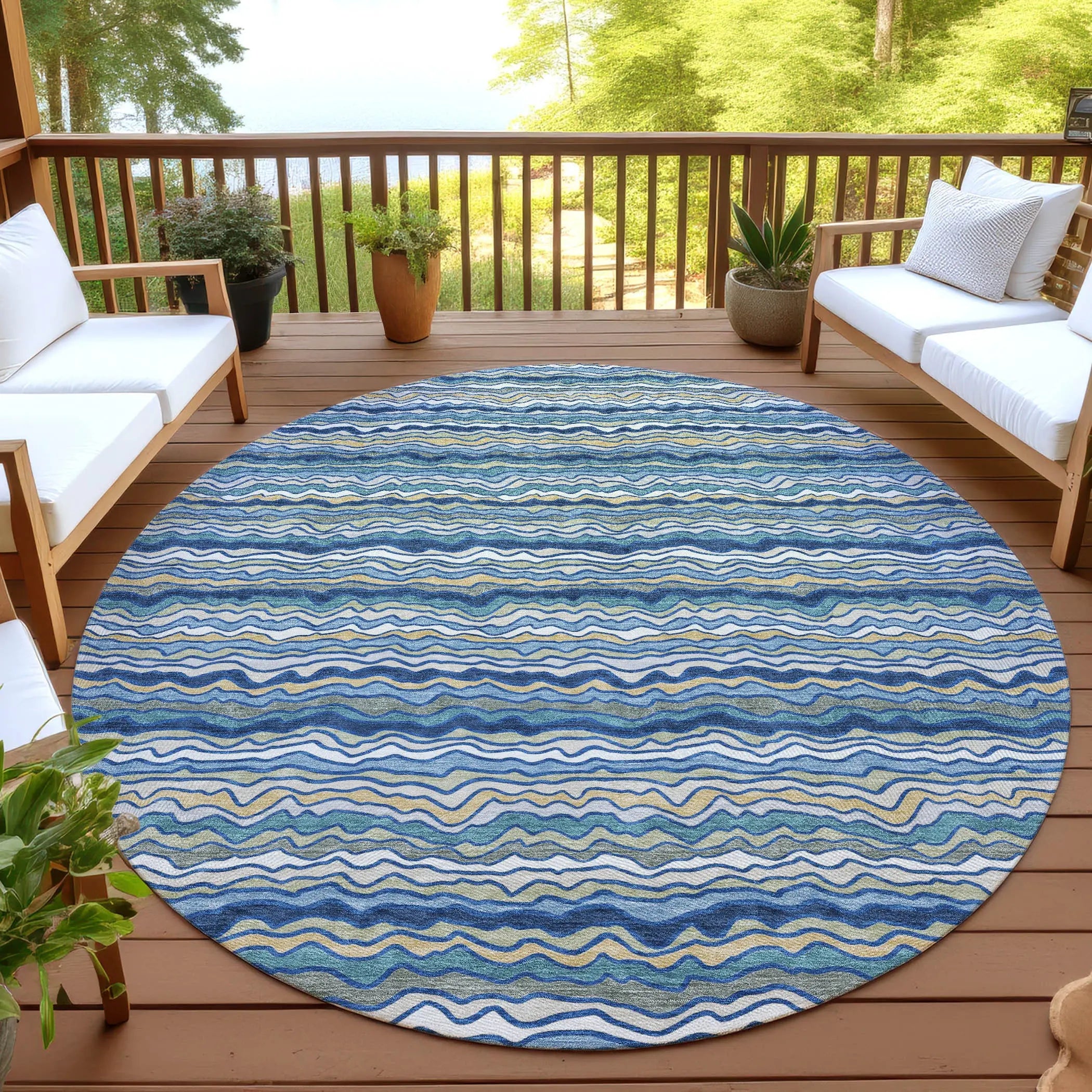 8' Navy Blue And Denim Blue Round Striped Washable Indoor Outdoor Area Rug Homeroots Outdoor
