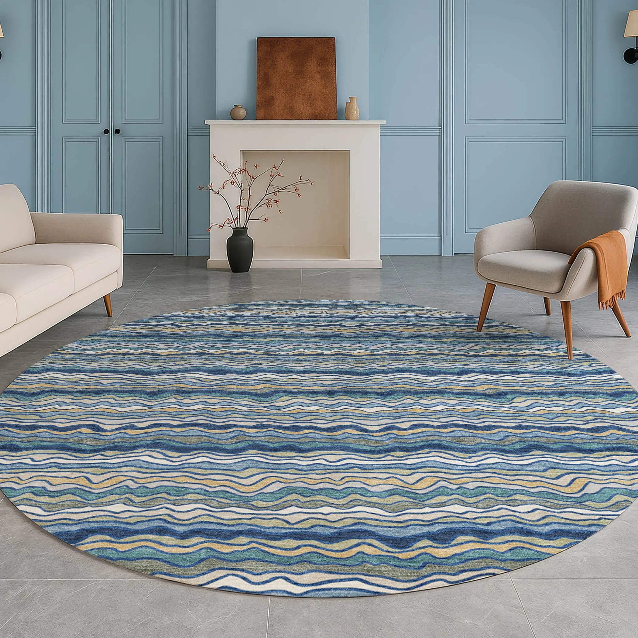 8' Navy Blue And Denim Blue Round Striped Washable Indoor Outdoor Area Rug Homeroots Outdoor