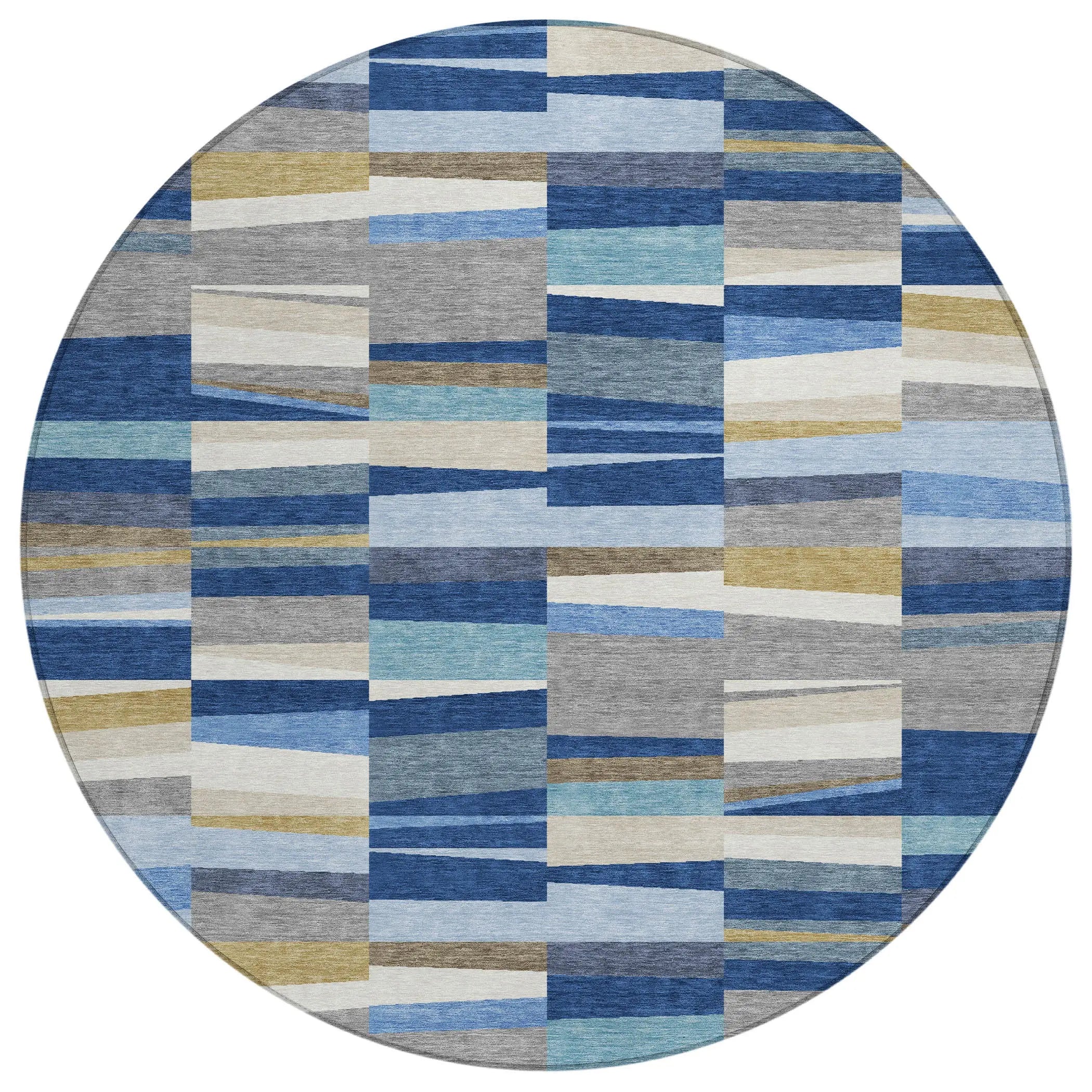 8' Navy Blue And Denim Blue Round Striped Washable Indoor Outdoor Area Rug Homeroots Outdoor
