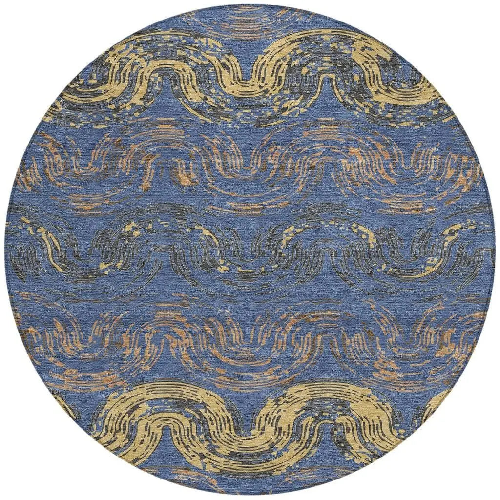 8' Navy Blue And Gold Round Abstract Washable Indoor Outdoor Area Rug Homeroots Outdoor