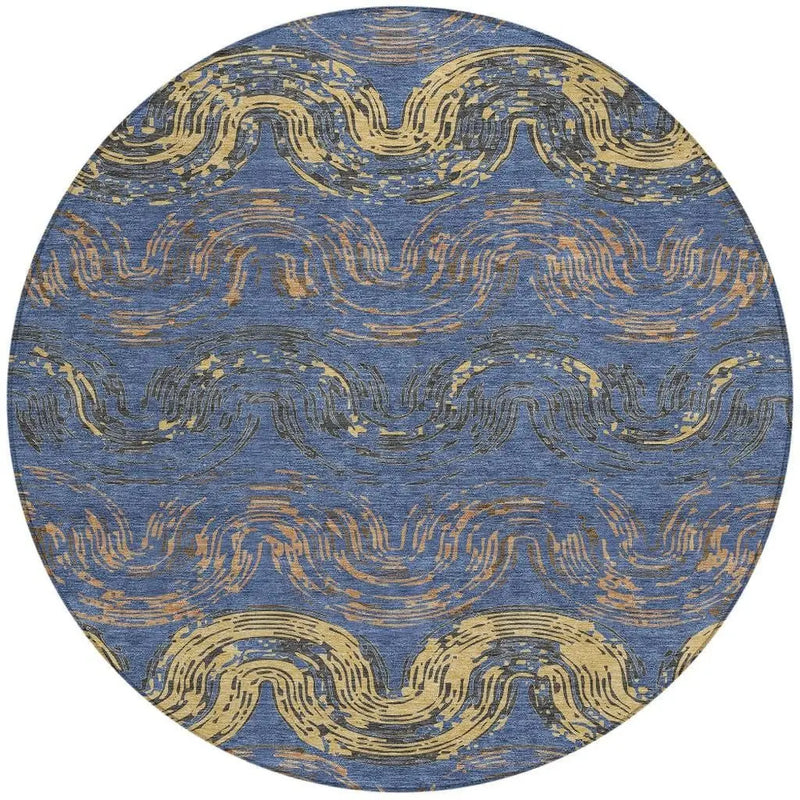 8' Navy Blue And Gold Round Abstract Washable Indoor Outdoor Area Rug Homeroots Outdoor