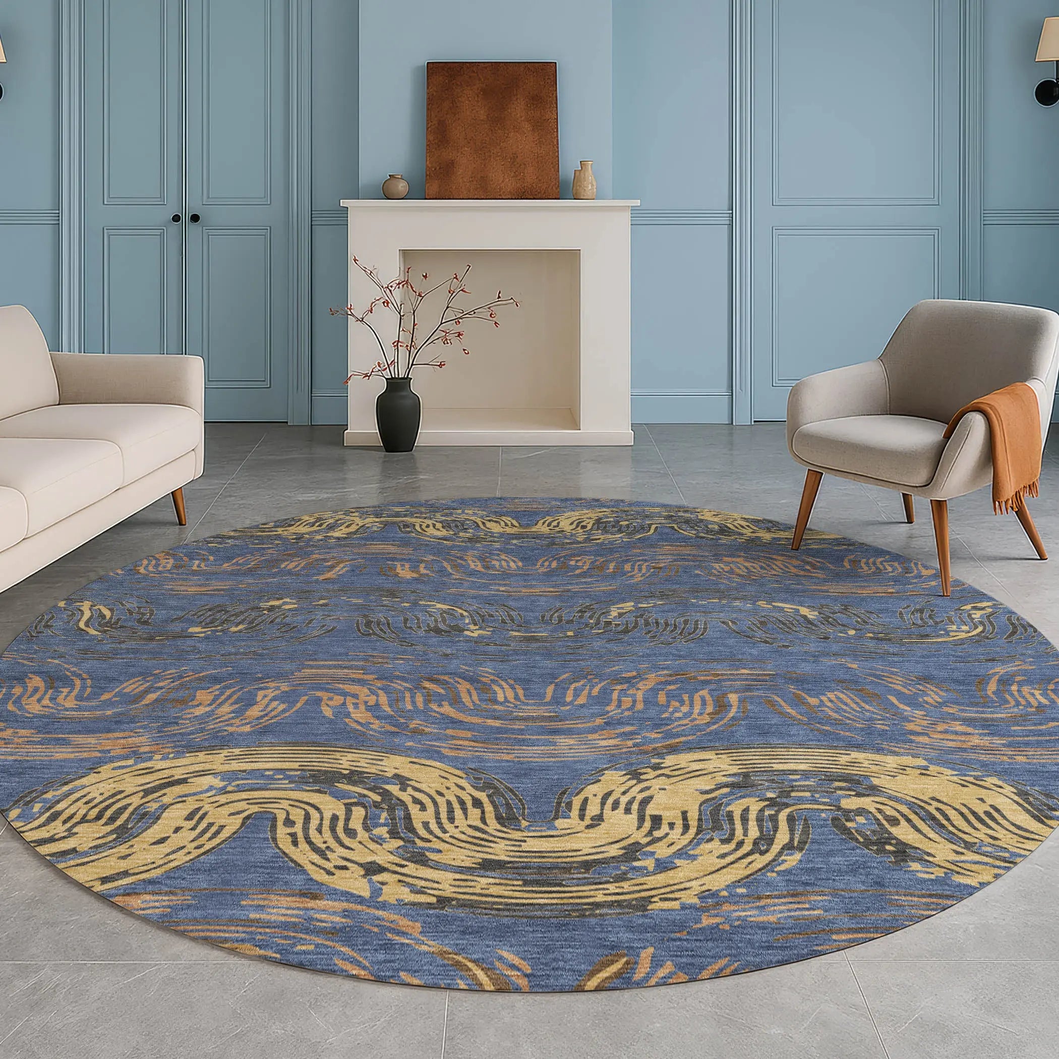 8' Navy Blue And Gold Round Abstract Washable Indoor Outdoor Area Rug Homeroots Outdoor