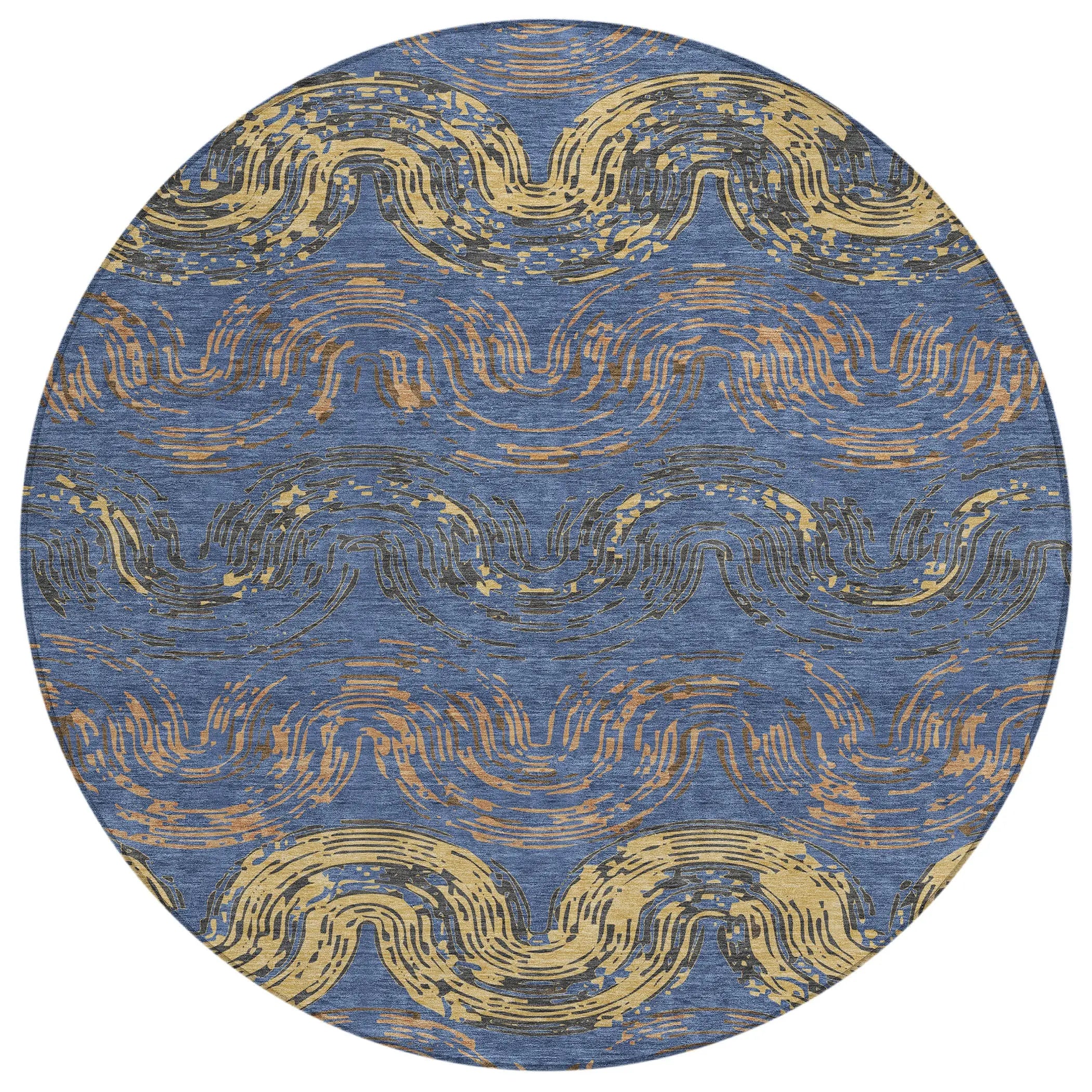 8' Navy Blue And Gold Round Abstract Washable Indoor Outdoor Area Rug Homeroots Outdoor