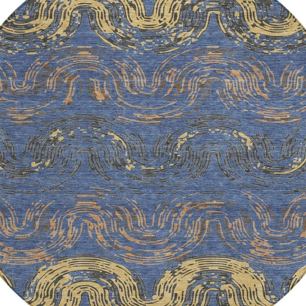 8' Navy Blue And Gold Round Abstract Washable Indoor Outdoor Area Rug Homeroots Outdoor