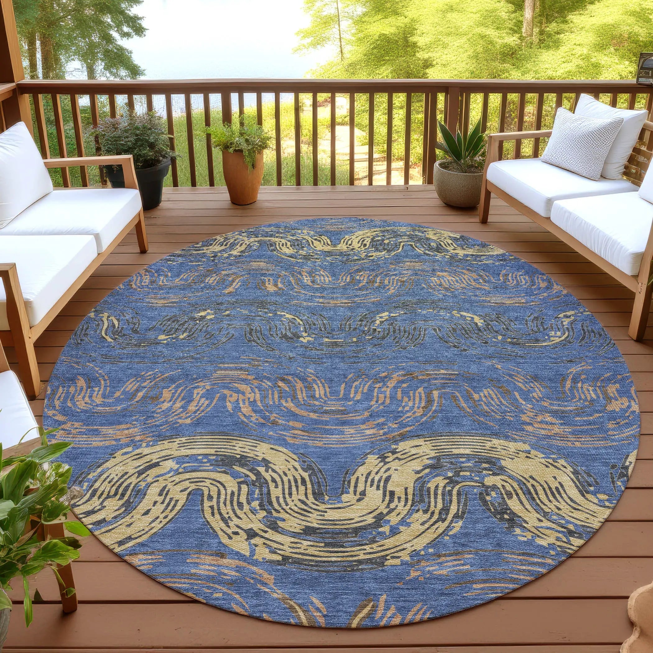 8' Navy Blue And Gold Round Abstract Washable Indoor Outdoor Area Rug Homeroots Outdoor