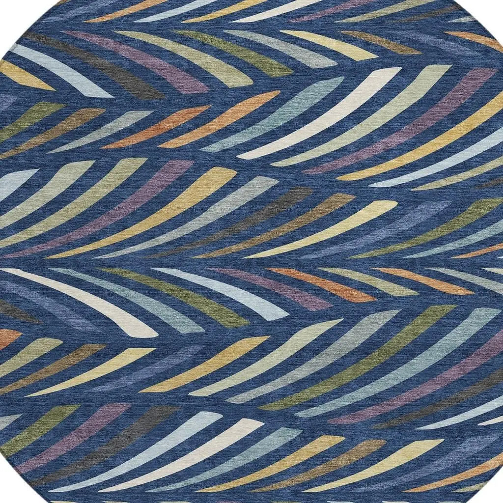 8' Navy Blue And Gold Round Abstract Washable Indoor Outdoor Area Rug Homeroots Outdoor