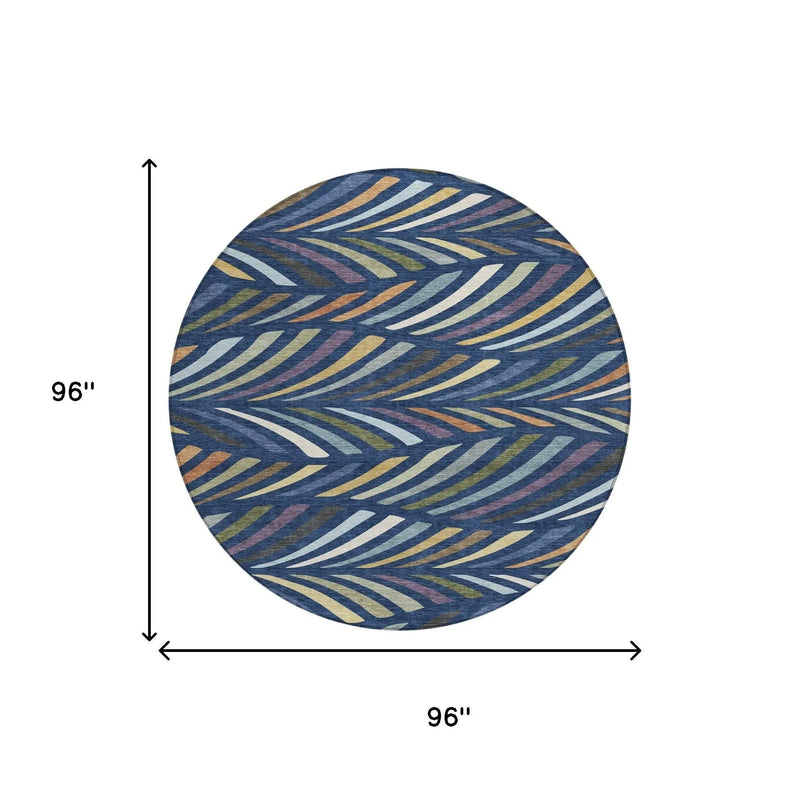 8' Navy Blue And Gold Round Abstract Washable Indoor Outdoor Area Rug Homeroots Outdoor