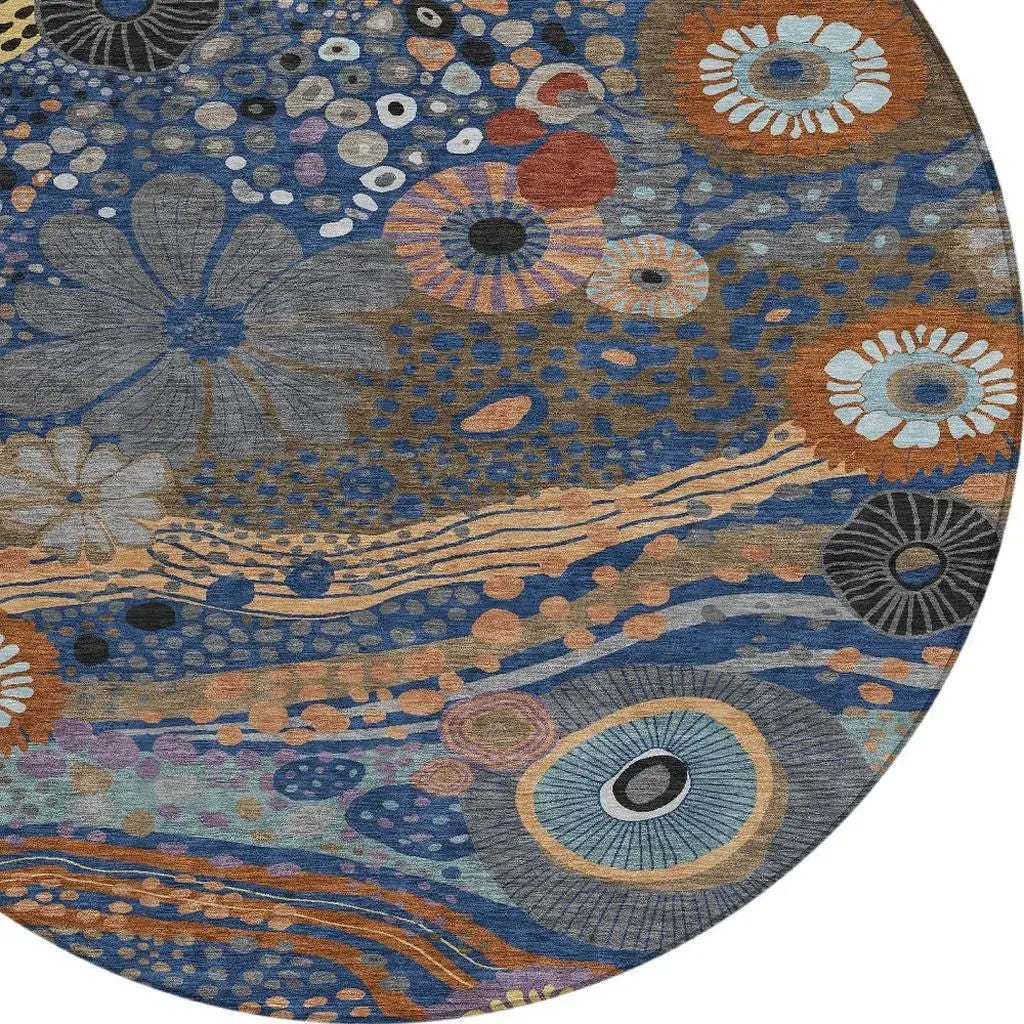 8' Navy Blue And Gold Round Floral Washable Indoor Outdoor Area Rug Homeroots Outdoor