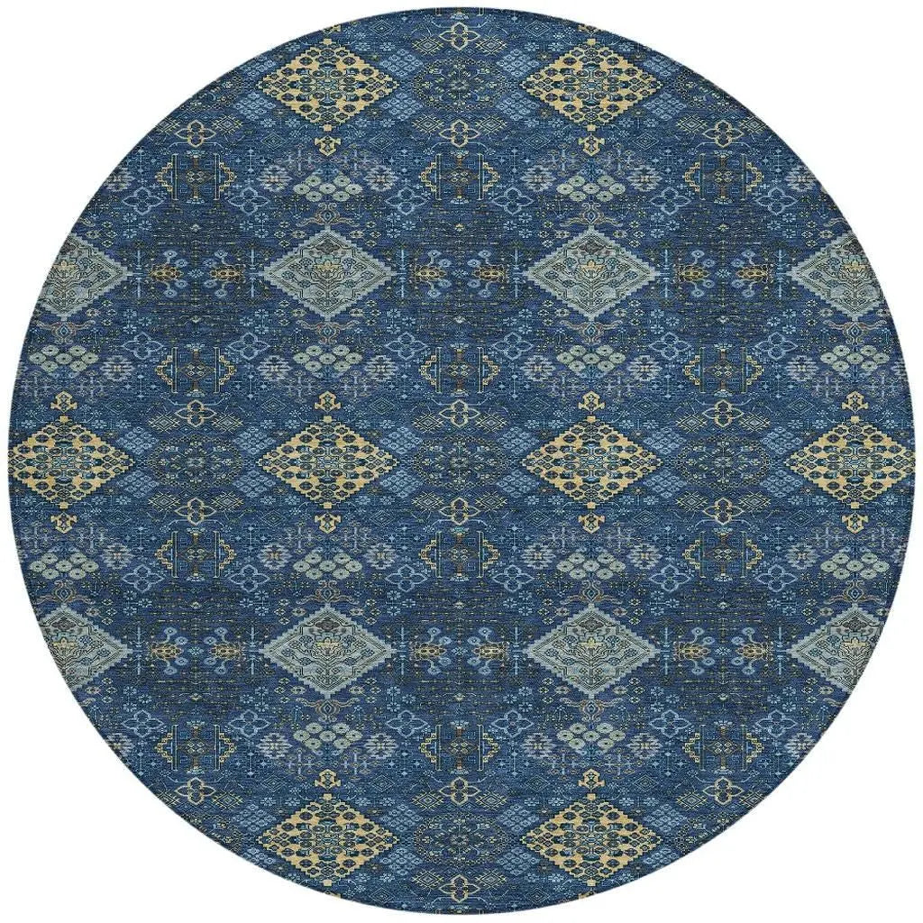8' Navy Blue And Gold Round Geometric Washable Indoor Outdoor Area Rug Homeroots Outdoor