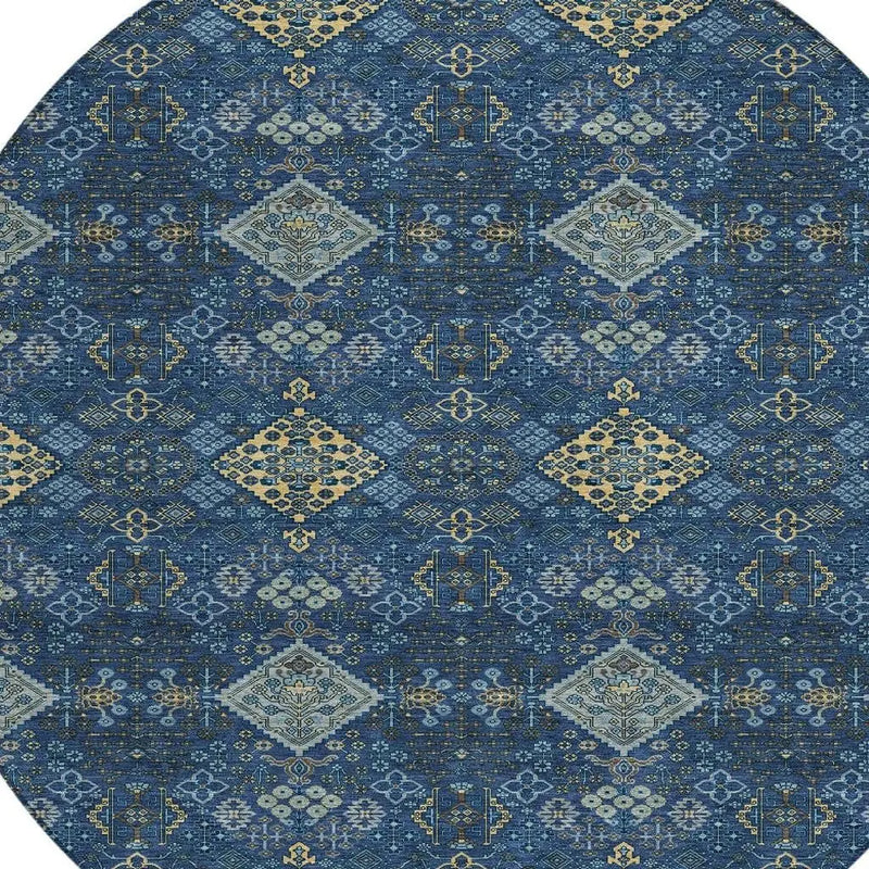8' Navy Blue And Gold Round Geometric Washable Indoor Outdoor Area Rug Homeroots Outdoor