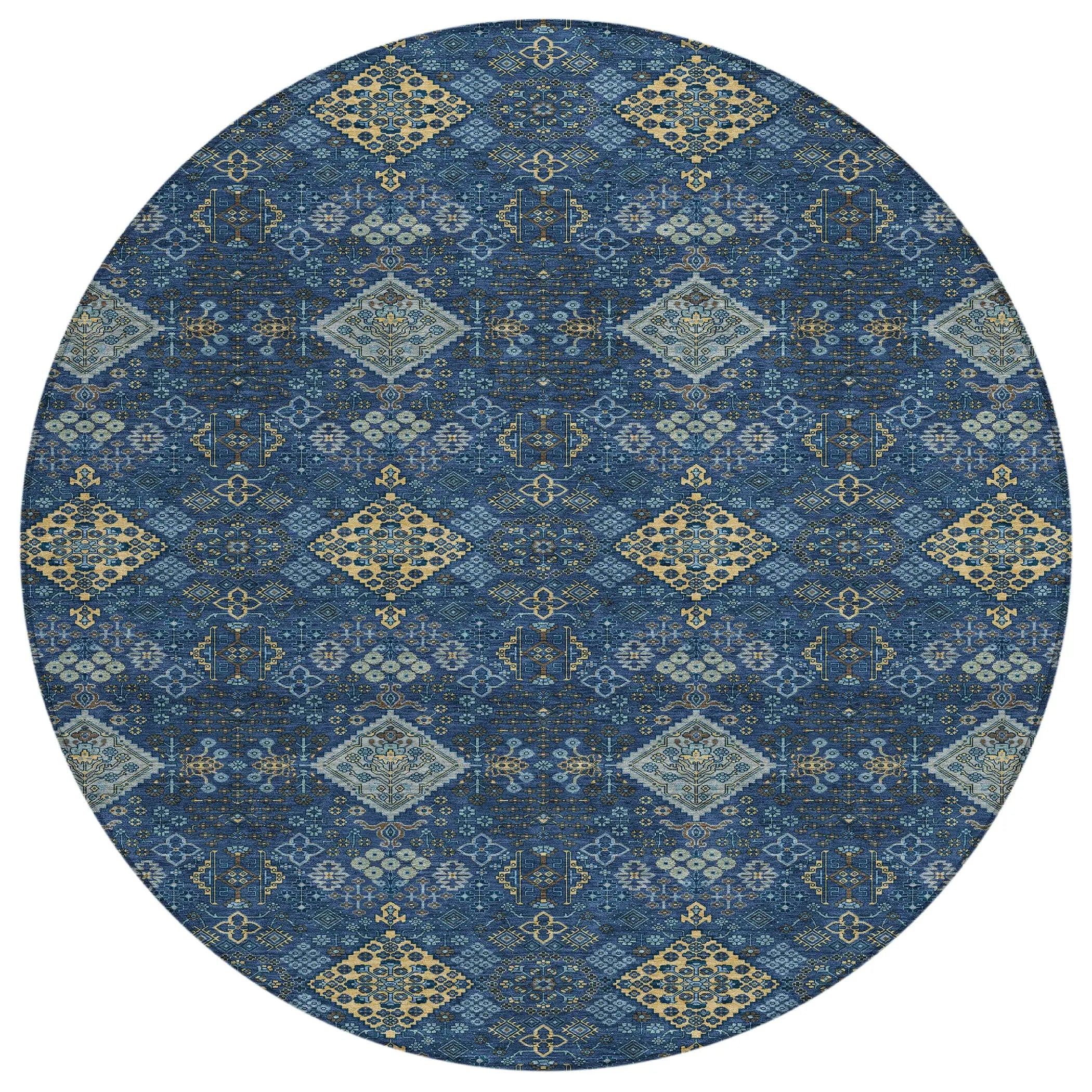 8' Navy Blue And Gold Round Geometric Washable Indoor Outdoor Area Rug Homeroots Outdoor