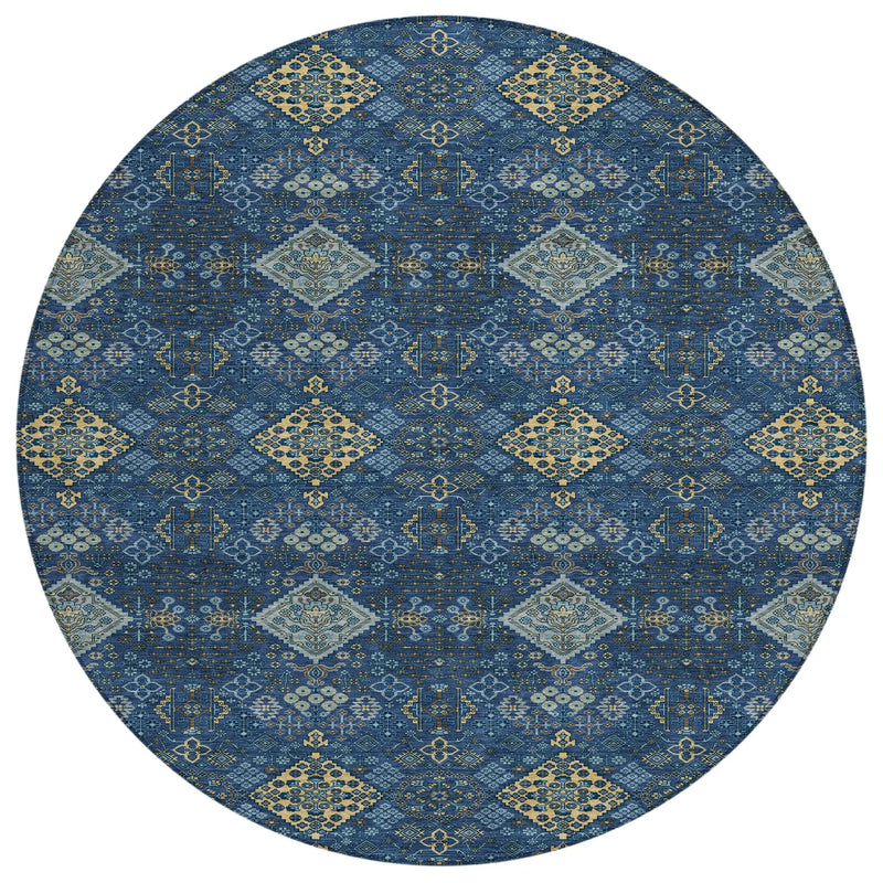 8' Navy Blue And Gold Round Geometric Washable Indoor Outdoor Area Rug Homeroots Outdoor