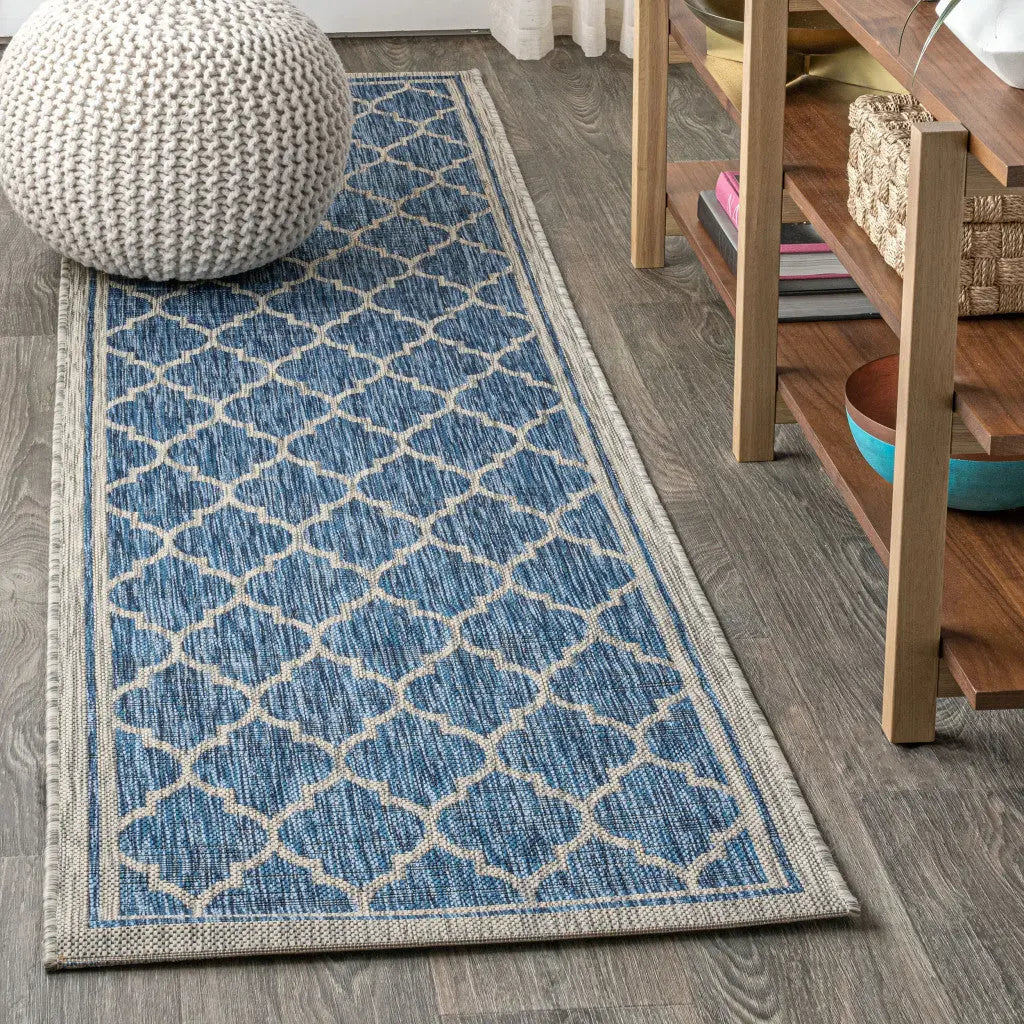 8' Navy Blue And Gray Geometric Indoor Outdoor Runner Rug Homeroots Outdoor