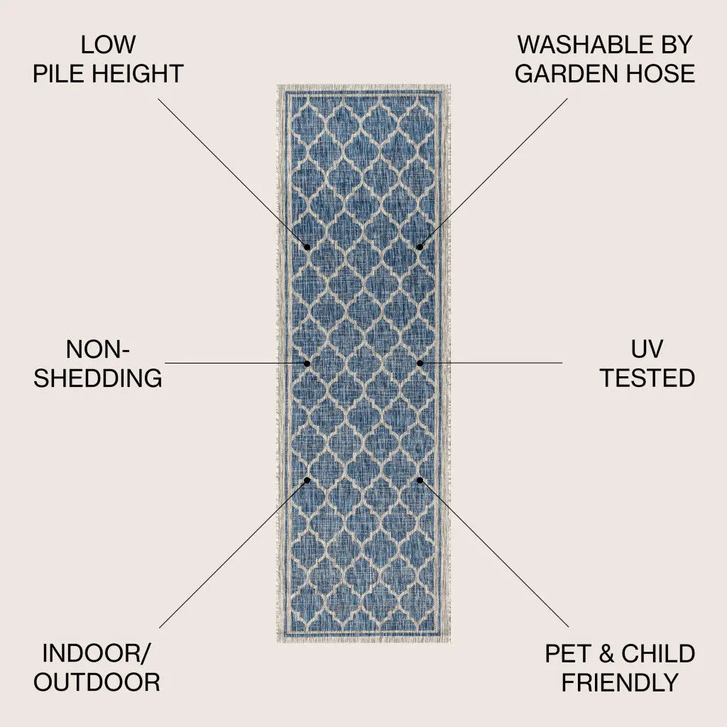 8' Navy Blue And Gray Geometric Indoor Outdoor Runner Rug Homeroots Outdoor