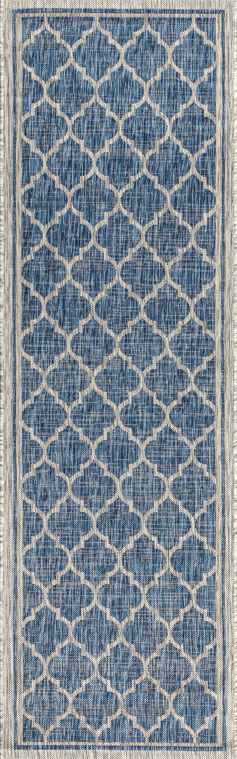 8' Navy Blue And Gray Geometric Indoor Outdoor Runner Rug Homeroots Outdoor