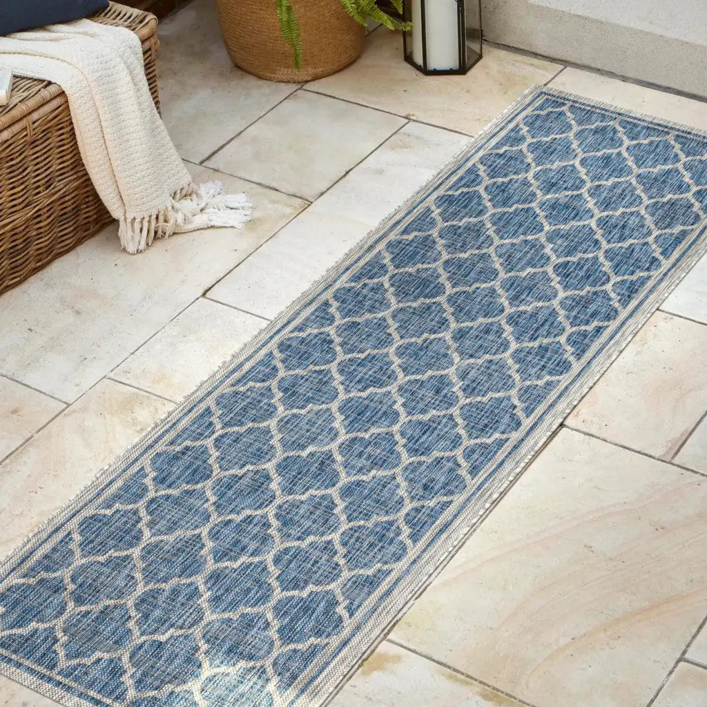 8' Navy Blue And Gray Geometric Indoor Outdoor Runner Rug Homeroots Outdoor