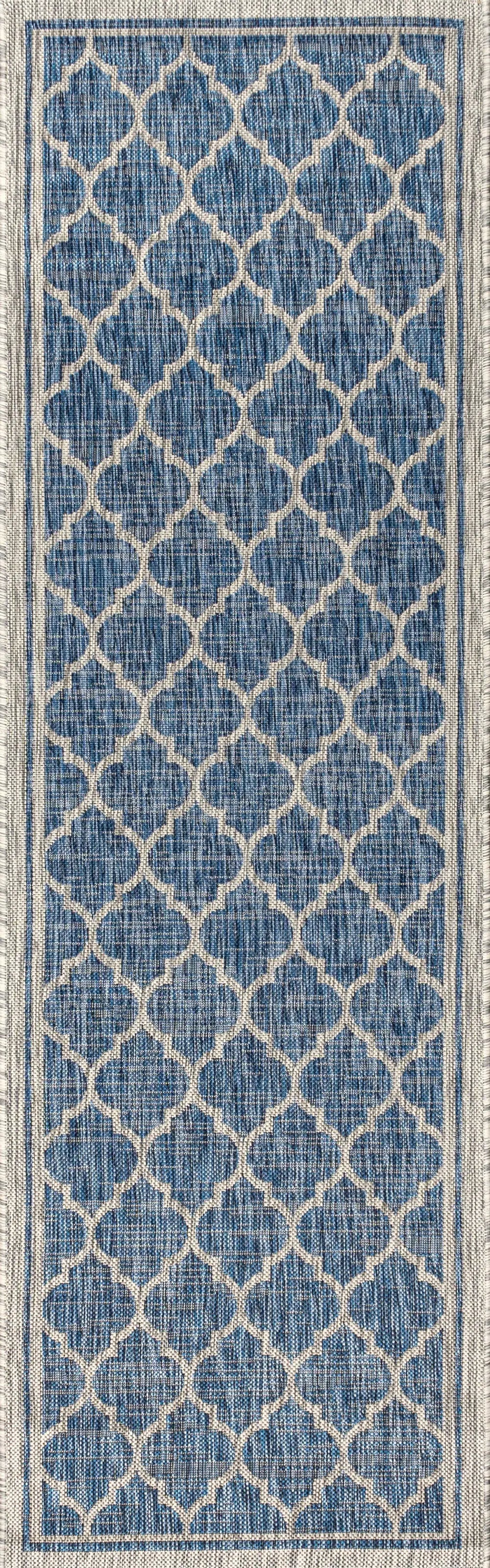 8' Navy Blue And Gray Geometric Indoor Outdoor Runner Rug Homeroots Outdoor