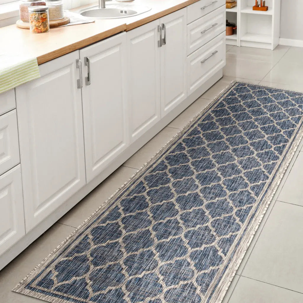 8' Navy Blue And Gray Geometric Indoor Outdoor Runner Rug Homeroots Outdoor