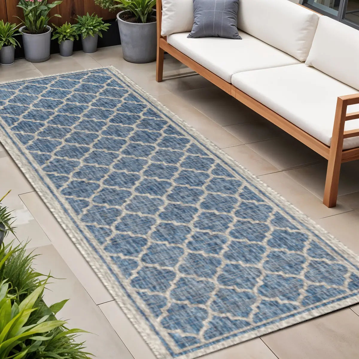 8' Navy Blue And Gray Geometric Indoor Outdoor Runner Rug Homeroots Outdoor