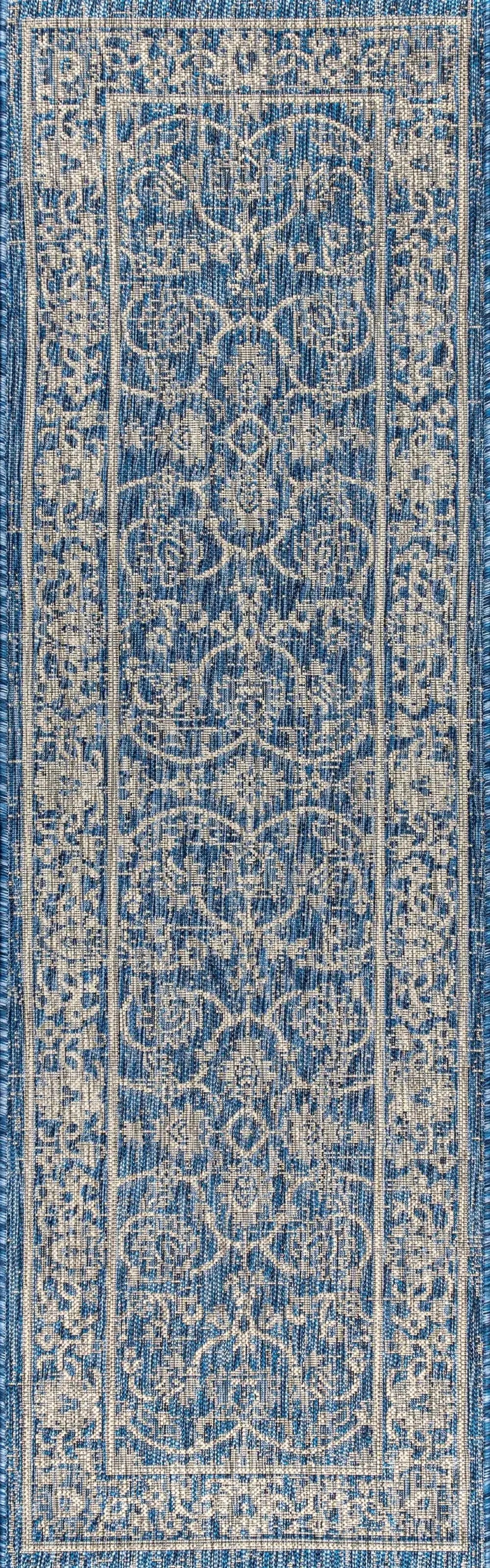 8' Navy Blue And Gray Medallion Indoor Outdoor Runner Rug Homeroots Outdoor