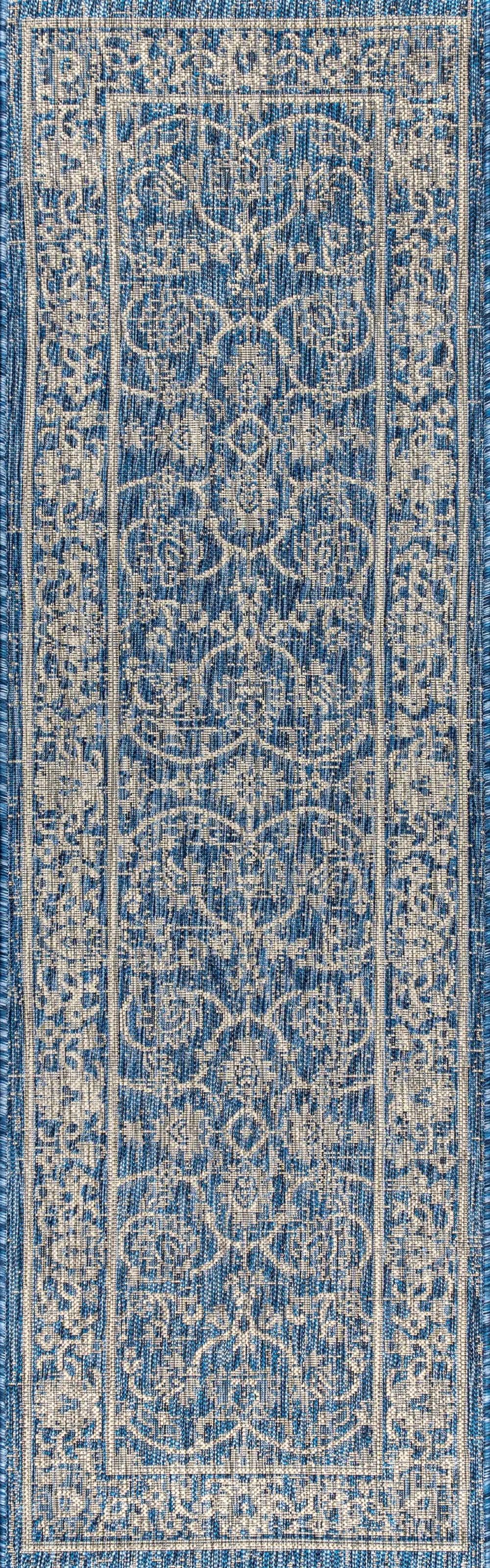 8' Navy Blue And Gray Medallion Indoor Outdoor Runner Rug Homeroots Outdoor