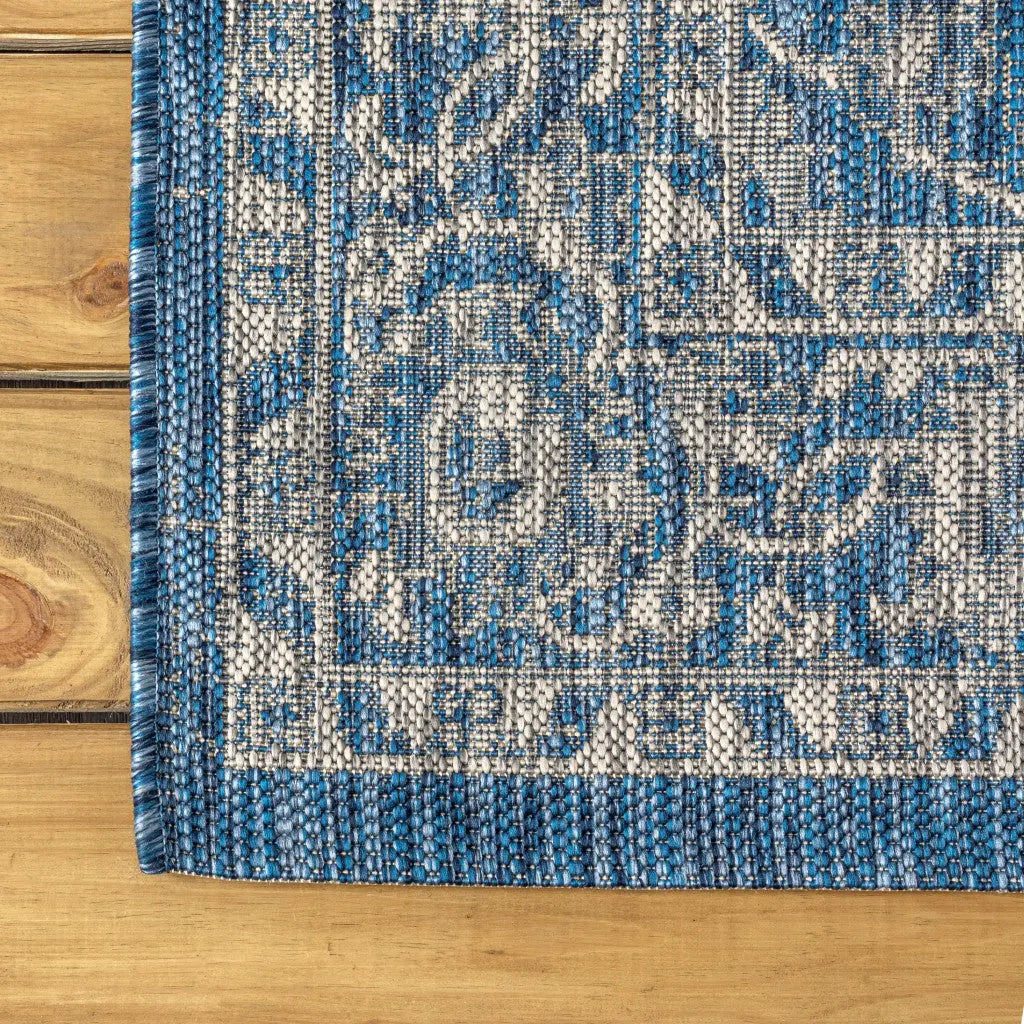 8' Navy Blue And Gray Medallion Indoor Outdoor Runner Rug Homeroots Outdoor