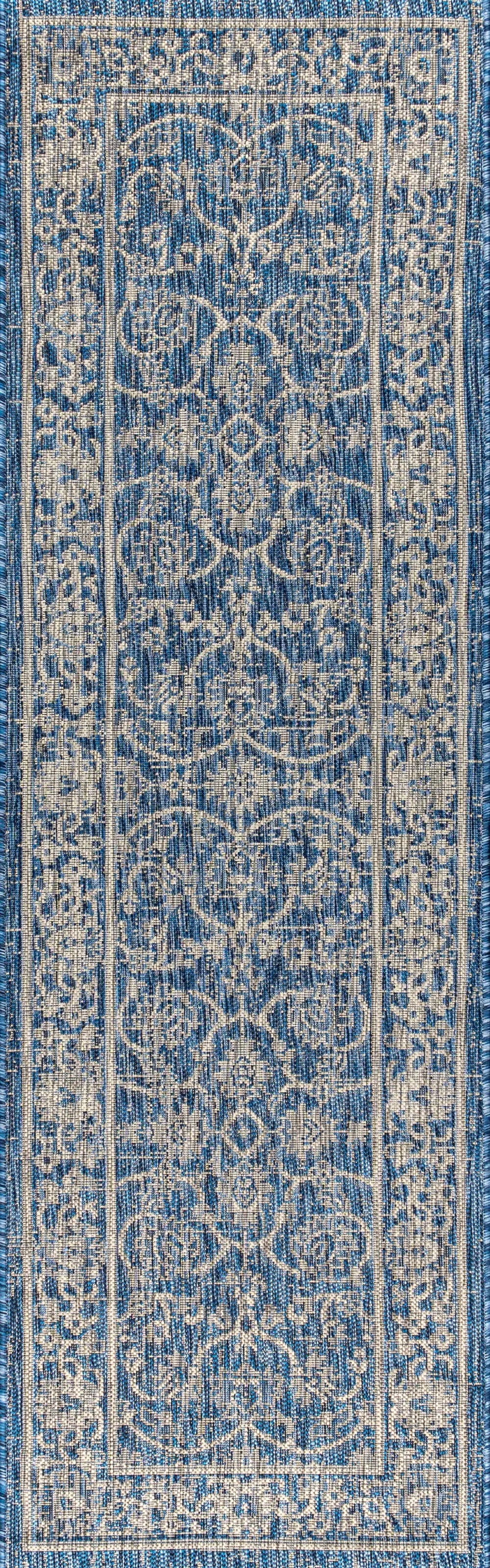 8' Navy Blue And Gray Medallion Indoor Outdoor Runner Rug Homeroots Outdoor